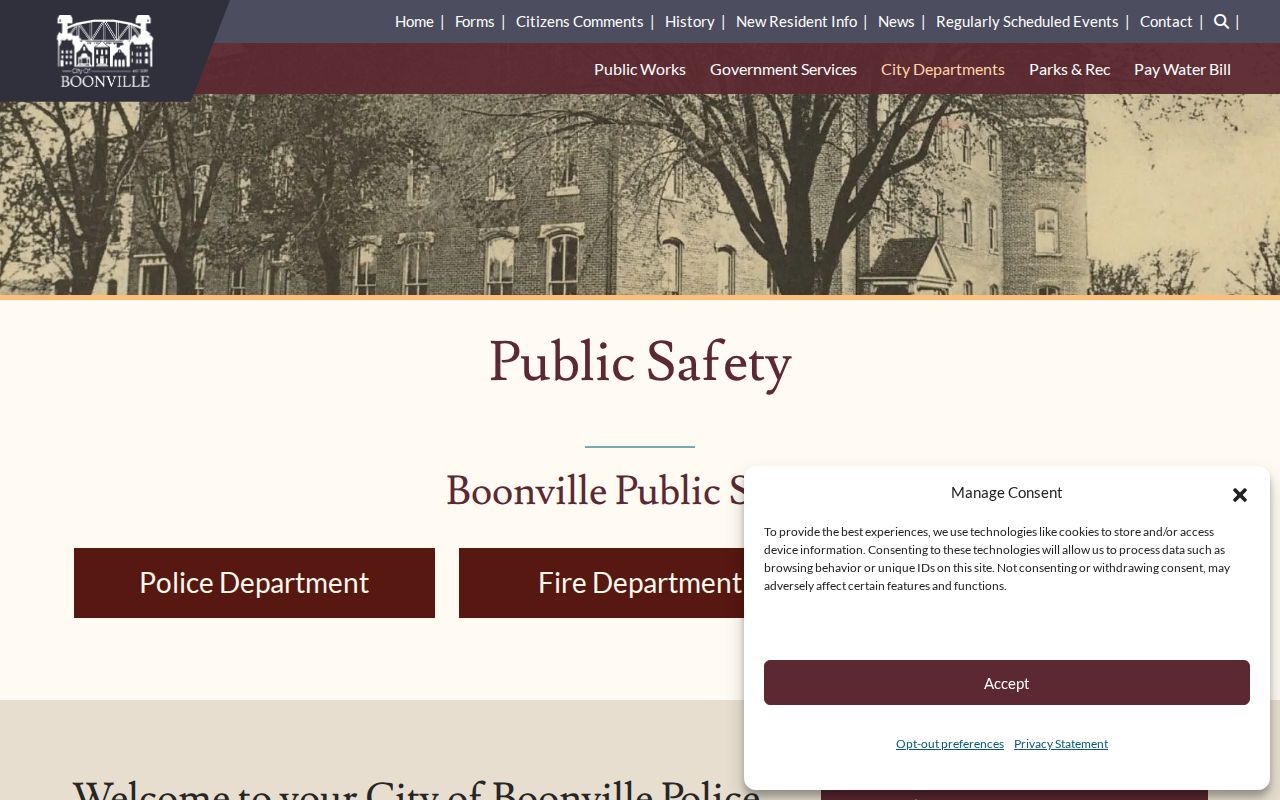 Official Boonville Public Safety page with police department contact details