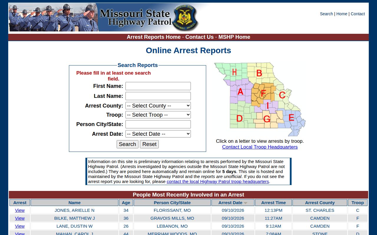 Official MSHP Cooper County five-day arrest search