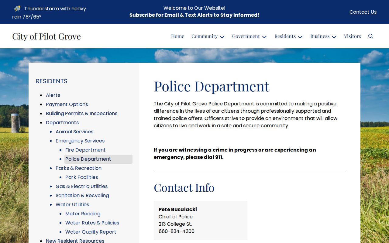 Official Pilot Grove Police Department webpage showing department contact information