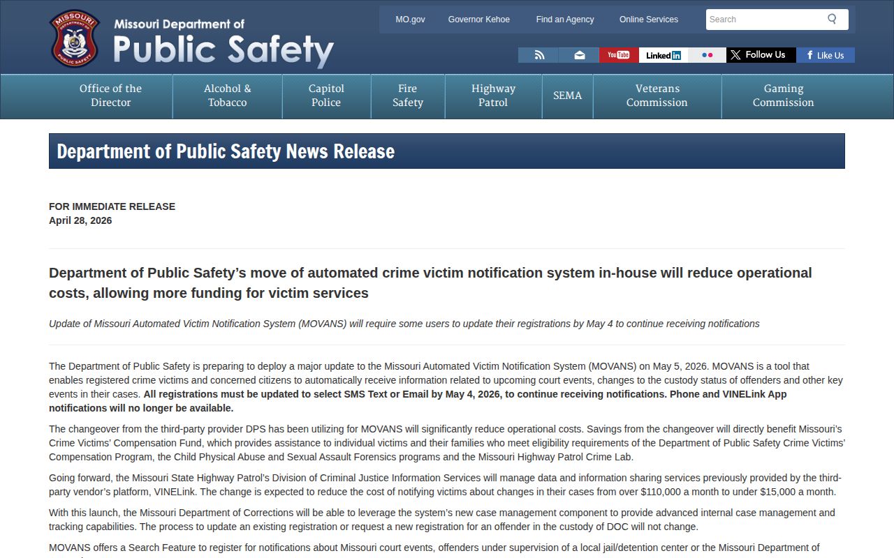 Missouri MOVANS May 2026 custody notification change